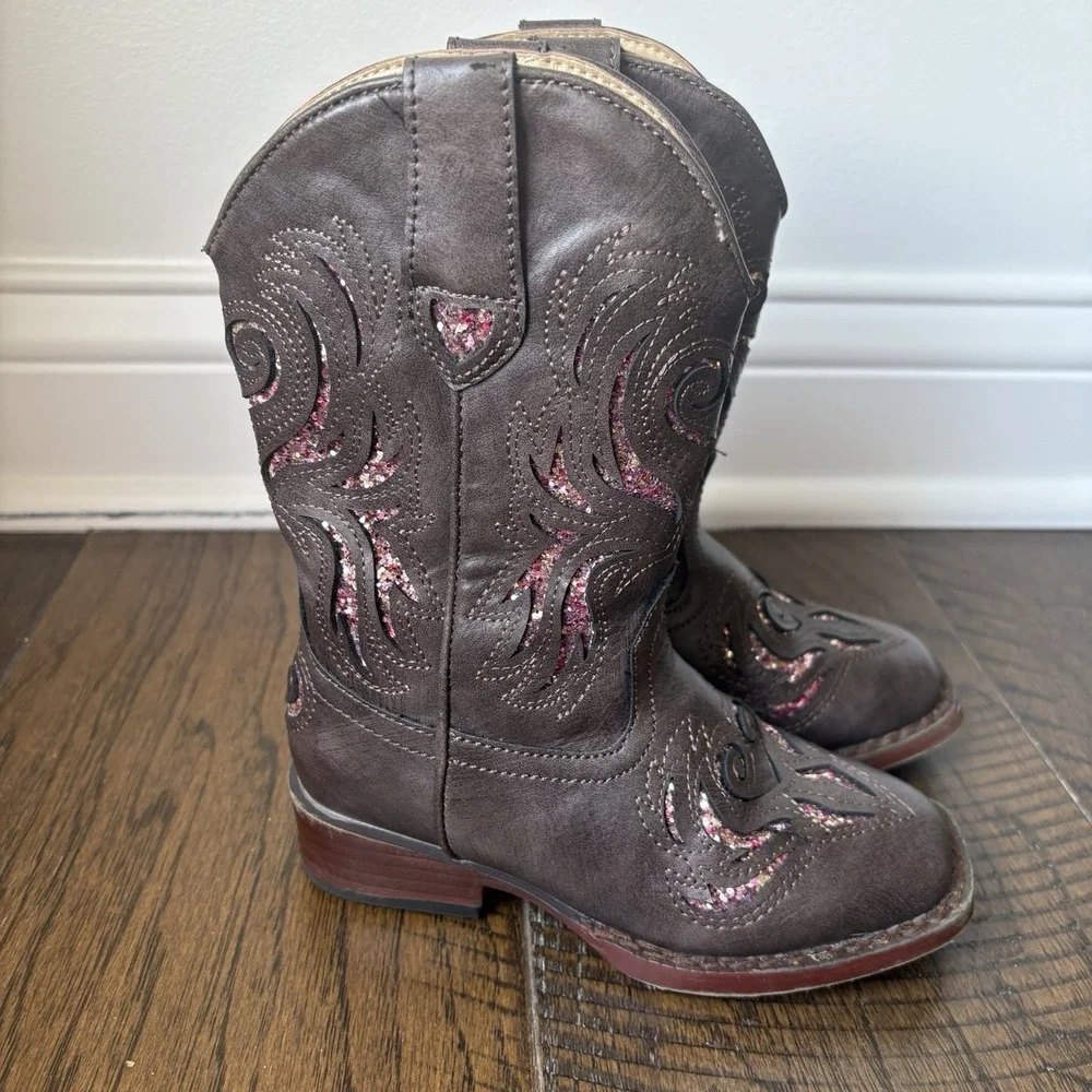 Roper Toddler Brown & Pink Glitter Inlay  Western Square Toe Boots Size 9